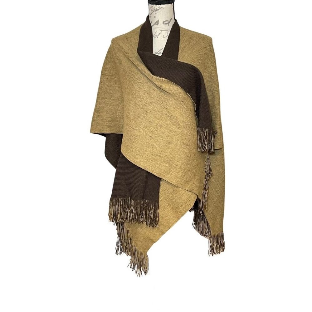1416-New York Accessory Group Tan & Brown Poncho Shawl Wrap